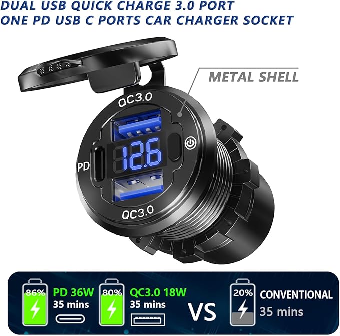 2PCS, 12V USB Outlet, VANONE Aluminum Alloy Dual 18W QC3.0 Ports & 36W PD USB Charging Port 12 Volt Outlet Charger Socket, Accessories for Car Boat Marine Motorcycle RV ATV Truck Golf Cart