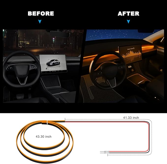 Acrylic Interior Car LED Strip Light with 6mm Sewing Edge - 43.3 inches Ambient Lighting Kits, Neon LED Strip Light(110CM/43.3IN, Orange)