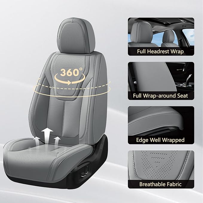 FLORICH Car Seat Covers Front Seats, Luxury Waterproof Faux Leather Seat Covers Cushion, Car Seat Protectors Universal Fit for Most 5 Seats Vehicles - Gray