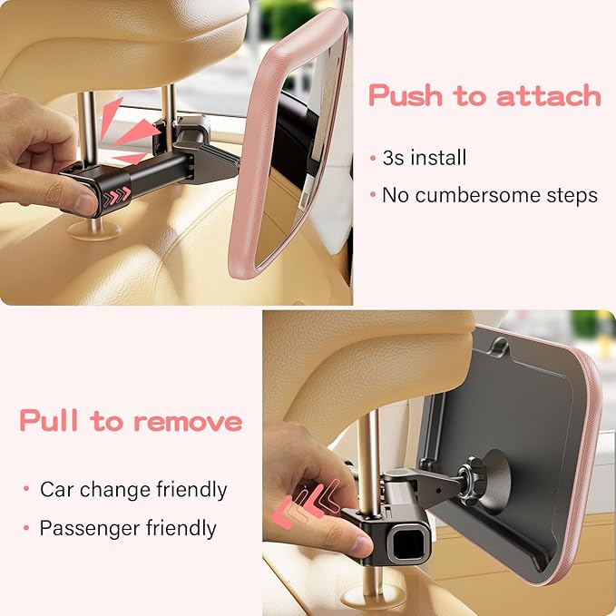 TAZENI Car Mirror for Baby - Hook Clip Design, Never Shake Car Seat Mirror, Rear Facing, Easy Install, Back Seat Crystal Clear View, ShatterProof Tested - Pink