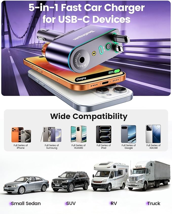 【2026 Upgrade】 5 in 1 Retractable Car Charger USB C - Fast Charging Retractable Car Phone Charger with Car Air Freshener Diffuser - 66W Cigarette Lighter Adapter USB-C/Type-C for iPhone17/16/15/14