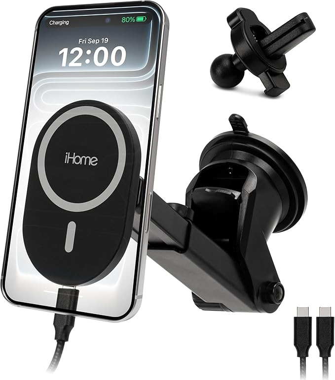 iHome 5-in-1 Complete Car Charging Kit, 15W MagSafe Charger, Dual Port Adapter, Mounts & Cable