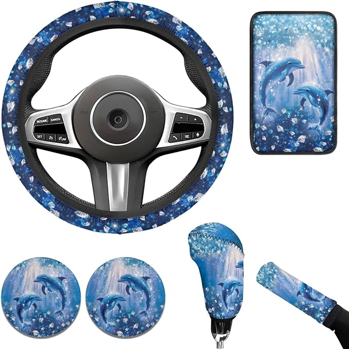 Blue Ocean Car Accessories for Men Women Cute Dolphin Steering Wheel Cover Car Armrest Cover Handbrake Coer Auto Interior Sets