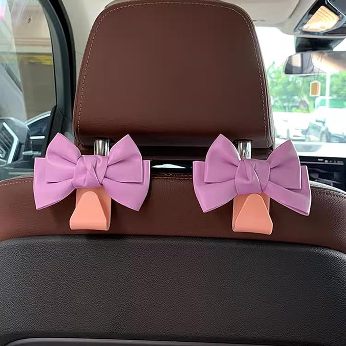 2 PCS Car Seat Headrest Hooks, Cute Bow Shaped Vehicle Backseat Storage Hooks, Leather Bow Shaped Sturdy Car Seat Back Hooks for Purses/Coats, Car Accessories (Pink)