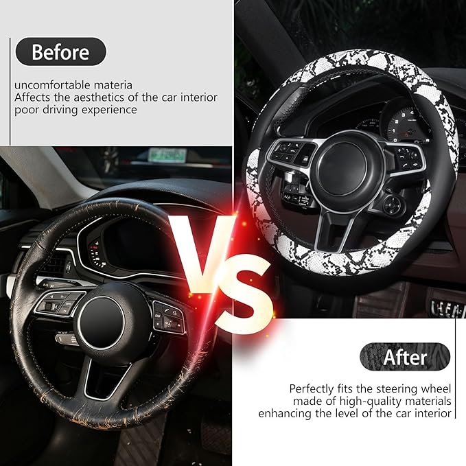 ZHOL Snake Skin Steering Wheel Cover Leather 14.5-15 Inch, Reversible Car Steering Wheel Cover for Women Men, Anti-Slip Design, Universal Fit for Cars, SUVs, Black&White