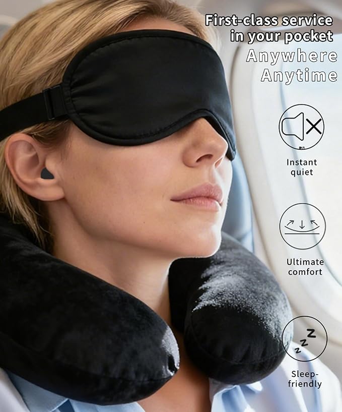 Portable Travel Sleep Comfort Set for Plane 2 Inflatable Travel Pillows,Foot Rest Hammock,Eye Mask Ear Plugs for Airplane Flight Essentials for Seat Airplane Gadgets for Sleep Comfort Kit