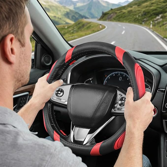 Car Steering Wheel Cover, Breathable Soft Leather Vehicle Wheel Cover Protector for Men Women, Non-Slip Automotive Interior Protection Accessories, Universal for Most Vehicles (Black/Red)