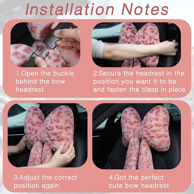 Macarrie 2 Pcs Car Neck Pillow Plush Butterfly Bow Car Headrest Pillow Comfortable Seat Neck Support Cute Head Rest Accessories for Driving Travel Driver Chair Girl Style Interior Decor (Pink Leopard)