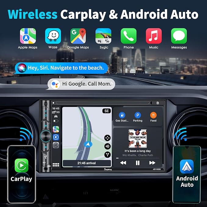 Double Din Car Stereo Compatible with Voice Control Apple Carplay - 7 Inch HD LCD Touchscreen Monitor, Bluetooth, Subwoofer, USB/SD Port, A/V Input, AM/FM Car Radio Receiver, Backup Camera