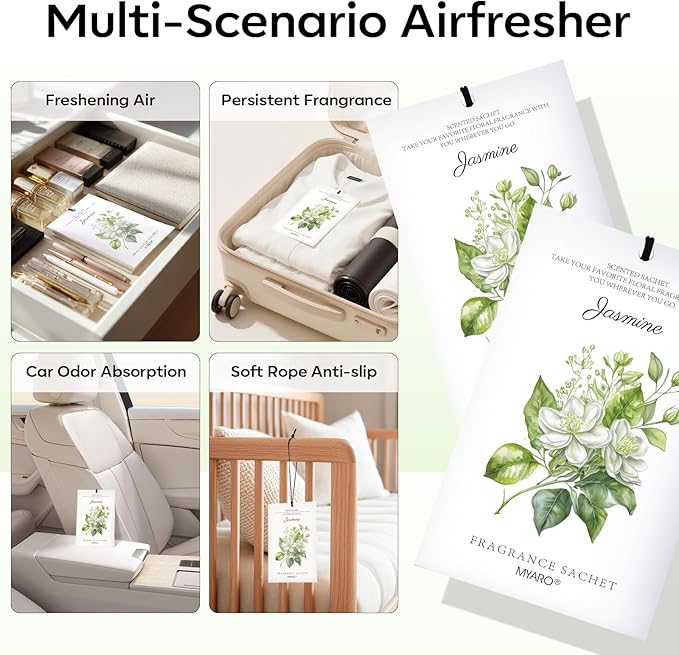 MYARO 12 Pack Jasmine Scented Sachets for Drawer, Closet & Small Spaces Air Freshener Bags, Odor Eliminator for Car, Shoes, Bathroom Home Fragrance Gift Set