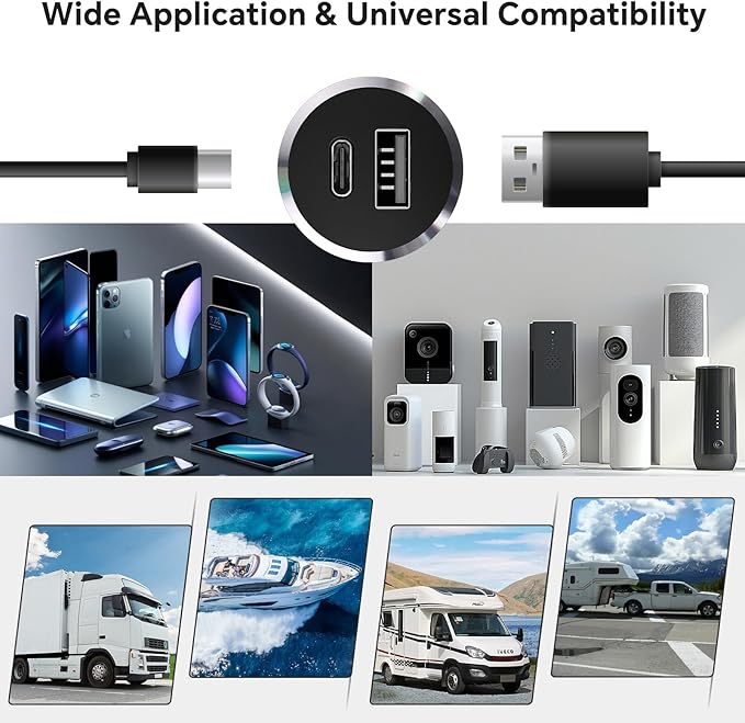 12V USB Outlet All-Aluminum QC 3.0 USB-A & USB-C PD3.0 Dual Fast Car Charger Socket, Recessed Mount Car USB Port for Car Truck Boat RV Camper Van Trailer (Small Version*2)