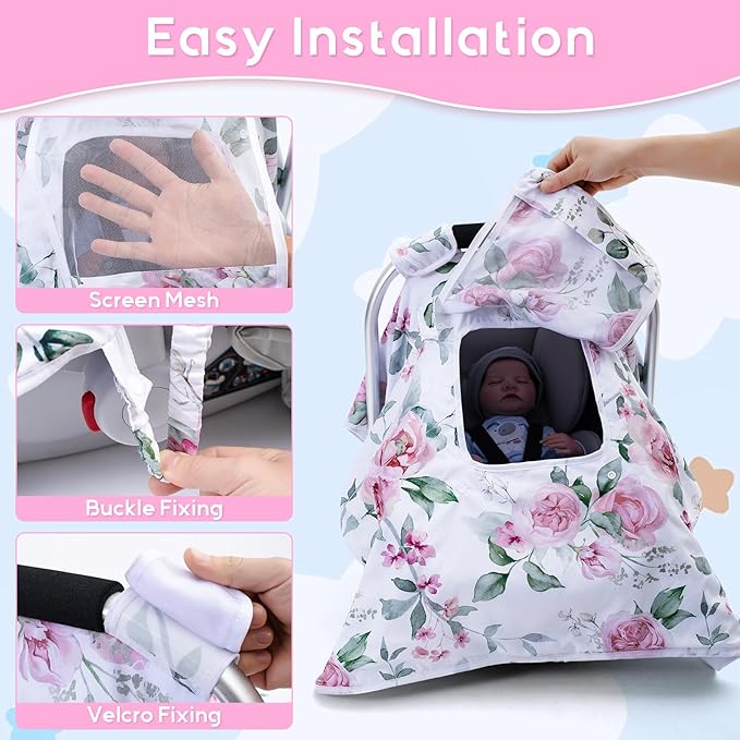Baby Car Seat Cover, Infant Car Seat Cover with 2 Layer Windows, Breathable Baby Carrier Sun Shade Cover, Windproof Car Seat Canopy Weather Shield for Newborn