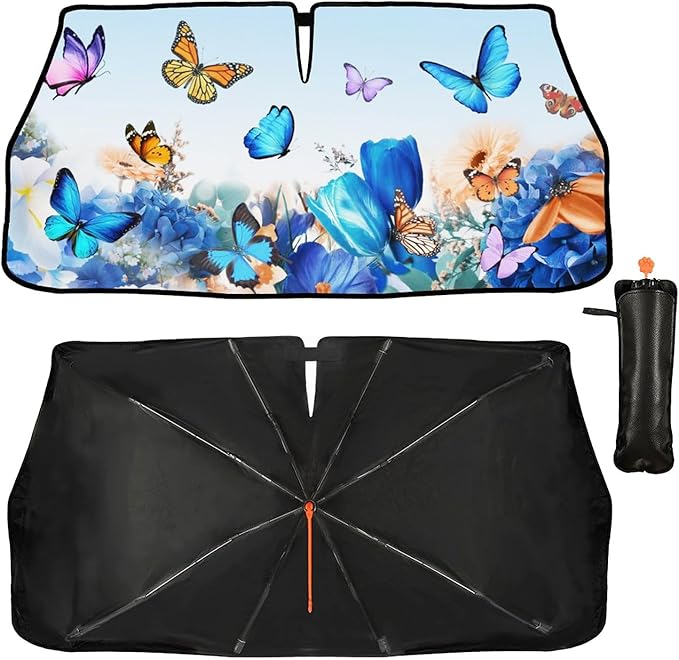Butterfly Print Car Sunshade Umbrella Floral Windshield Sun Shade for Car Retractable Umbrella Sunshades for Front Window Butterflies Sun Shades Cover Visor Portector Block UV Rays
