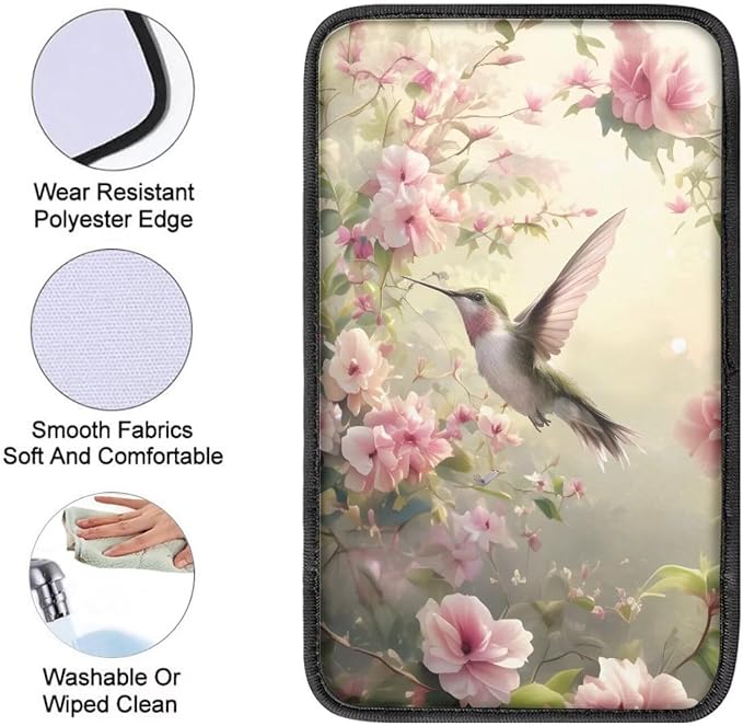 Flower Hummingbird Armrest Cover Pad for Car Soft Car Center Console Cushion Pad, Protect from Pet Claws, Sticky Fingers, Hummingbird Automotive Accessories