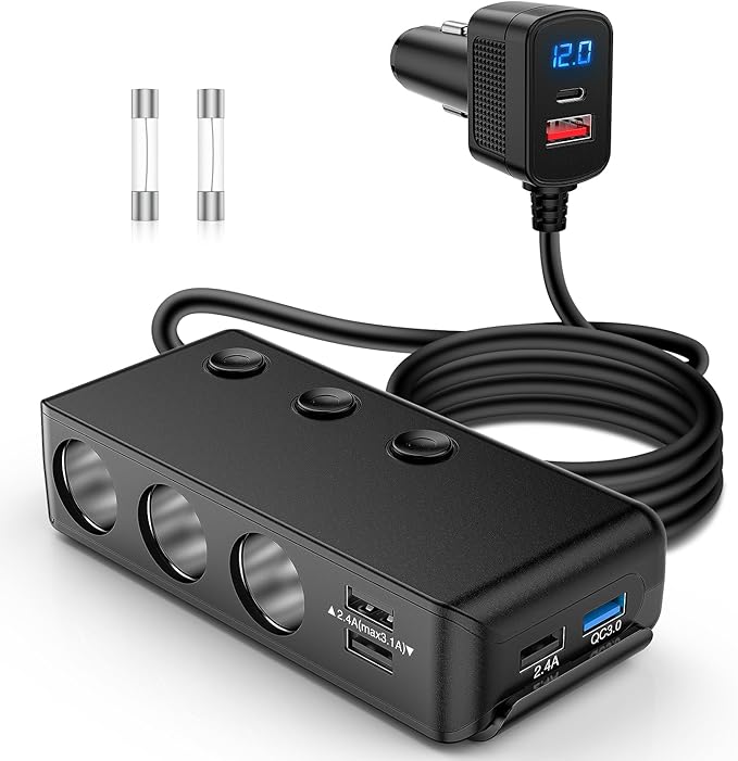 Nilight 9 in 1 Cigarette Lighter Adapter Splitter QC 3.0 3 Sockets 4 USB Ports Power Splitter with PD/QC 3.0 Independent Switches LED Voltage Display for 12V/24V Cars Van Truck Camper