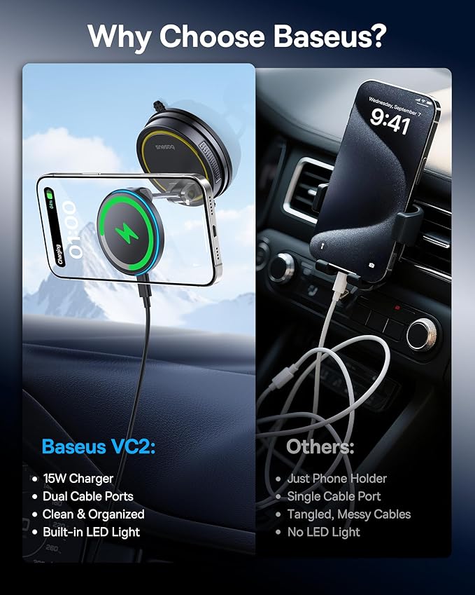 Baseus Vacuum 15W for Magsafe Car Mount Charger, 119LBS Suction Cup 720° Adjustable Magnetic Car Charger Phone Holder, Foldable Cell Phone Holder with Reusable Washable Gel for Car & for 17to13 iPhone