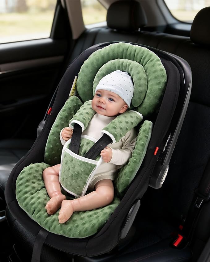 Infant Car Seat Insert with Extra Cushion for Preemie to Toddler, Reversible Newborn Carseat Insert for Baby Head Body Support, Fits for Stroller, Baby Swing, Bouncer - Dots, Dark Green