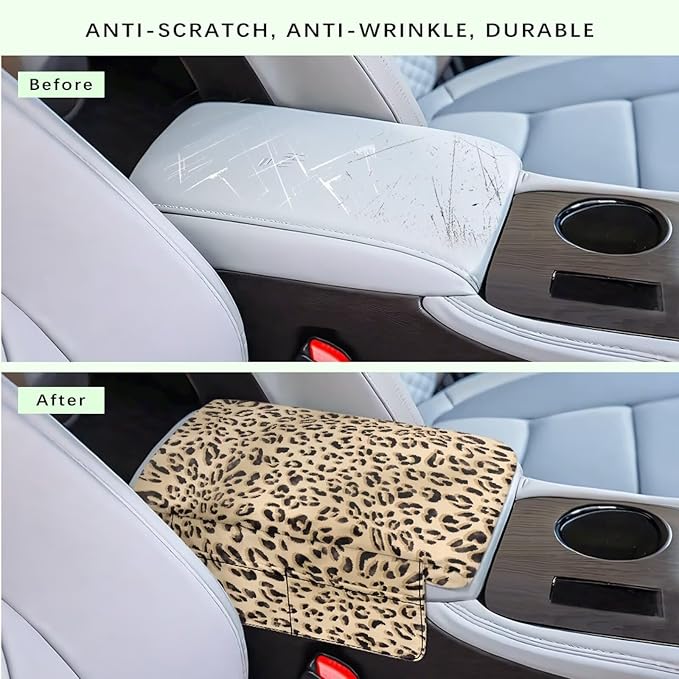 Car Center Console Cover, Leopard Print Soft and Comfortable Car Armrest Box Pad with 4 Storage Bags, Non-Slip Car Interior Accessories Arm Rest Cushion for Car Truck SUV Van
