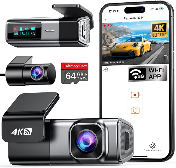 Navycrest 4K Dash Cam Front and Rear with 64GB Card, Built-in 5G WiFi, Dash Camera for Cars 4K Front and 1080P Rear, Dashcams for Cars Loop Recording, Gravity Sensor, 24-Hours Parking Mode