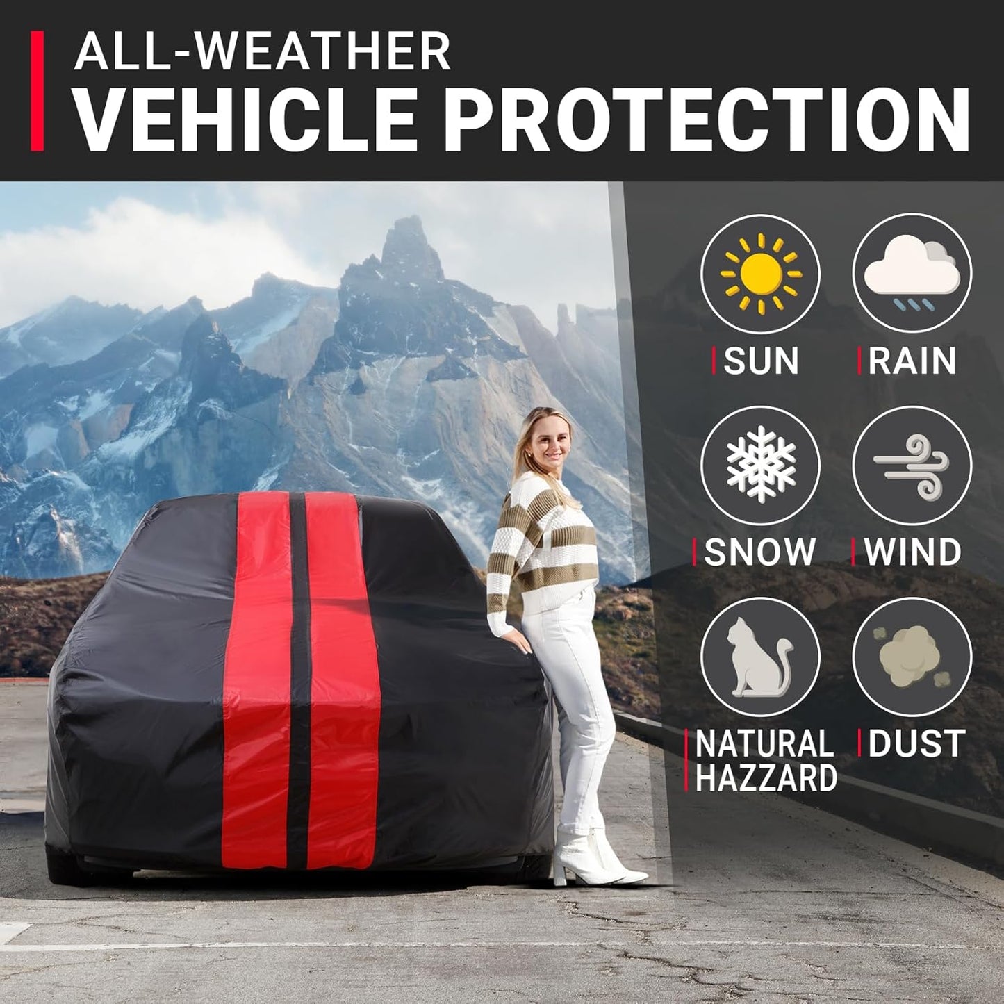 iCarCover Custom Car Cover for Pontiac Executive Wagon (1967-1970) Waterproof All-Weather Rain Snow UV Sun Protector Full Exterior Indoor Outdoor Car Cover (Stripe - Black/Red)
