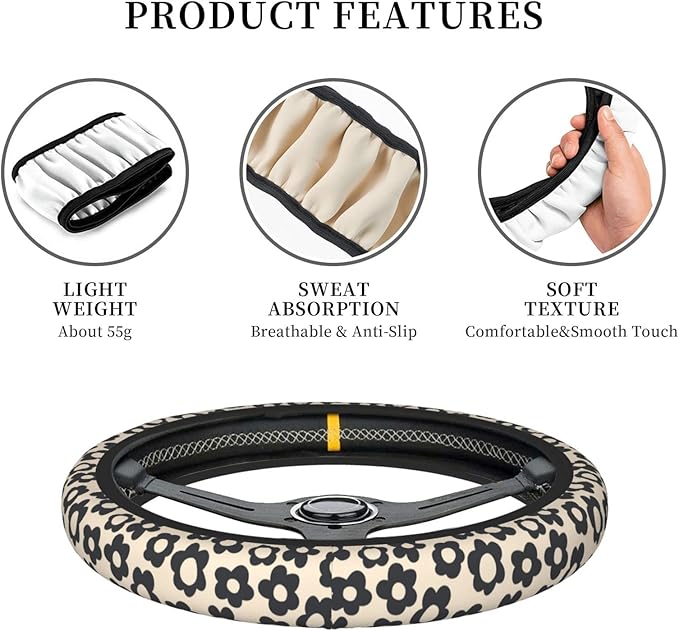 Flowers Vintage Groovy Steering Wheel Cover Universal 15 Inch Cute Car Accessories Protector for Women Men