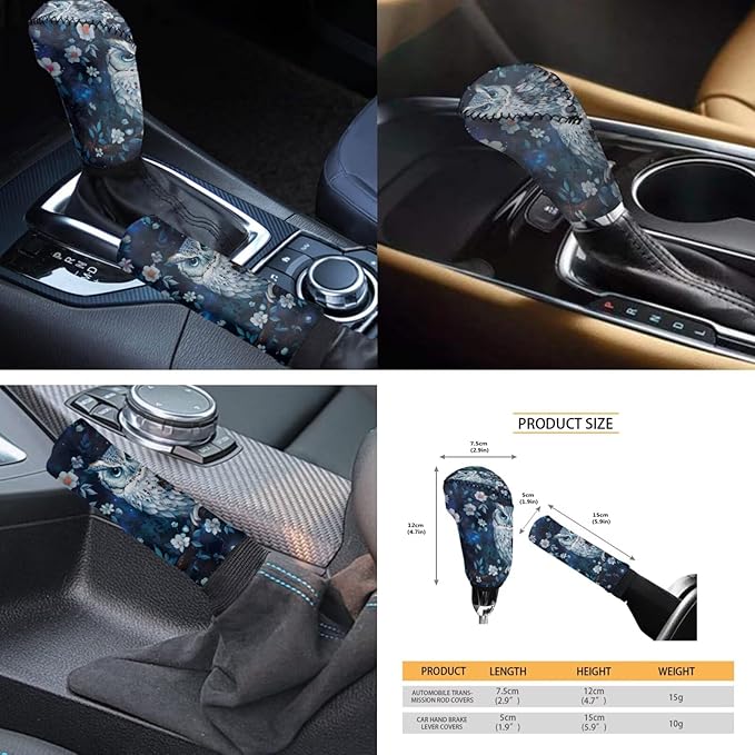 FKELYI Floral Owl Headrest Covers with Steering Wheel Protector for Women Car Seat Cover, Gear Shifter Knob and Handbrake Cover Set, Cup Coasters