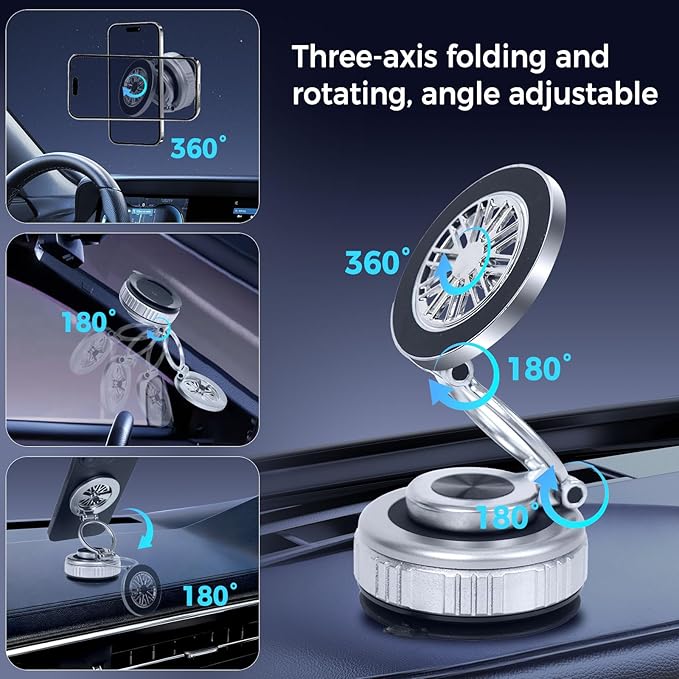 2026 Upgraded 360° Nano Gel Vacuum Magnetic Car Phone Holder,Reinforced Ultra Suction Cup Pocket Size Foldable Phone Mount for Dashboard/Gym/Mirror MagSafe iPhone Air 17 16 15 14 13 12 Pro Max(Silver)
