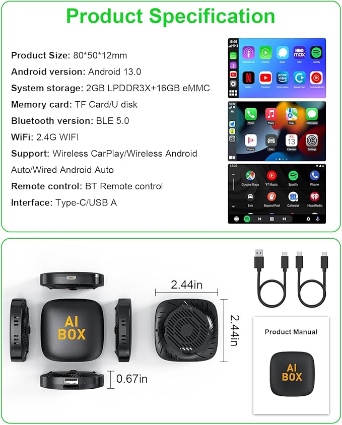 5 in 1 Wireless CarPlay Adapter and Android Auto Adapter Support Netflix/YouTube - CarPlay Ai Box Convert CarPlay Dongle TF Card/U Disk Magic Link for OEM Wired CarPlay/Android Auto Cars