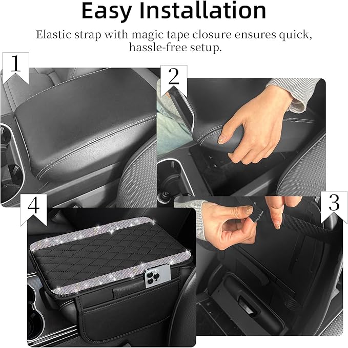 NBTEPEM Bling Car Center Console Cover, Leather Car Arm Rest Cover Cushion with 2 Storage Bags, Universal Auto Armrest Protector Storage Box, Bling Accessories Interior for Most Vehicles (Multicolor)