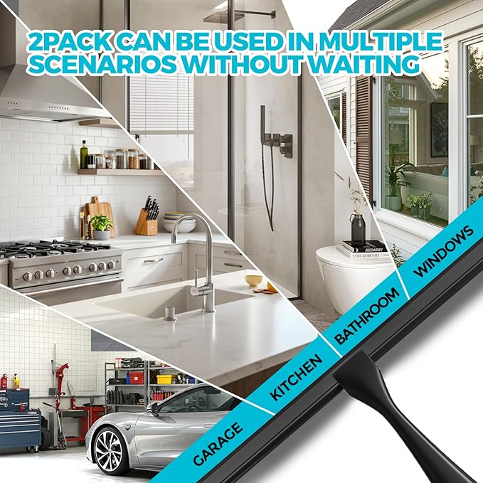 ALFLOD 2PACK 10-Inch Black All-Purpose Shower Squeegee for Shower Doors, Tile Shower Walls, Bathroom, Window, Glass and Car Windshield, Mirrors and Kitchen-Stainless Steel