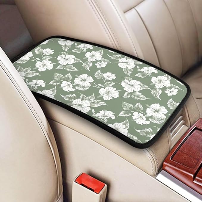 Hibiscus Flower Print Center Console Cover Tropical Floral Comfortable Armrest Pad Protector Car Accessories, Green Scratch Resistant Middle Arm Rest Console Covers