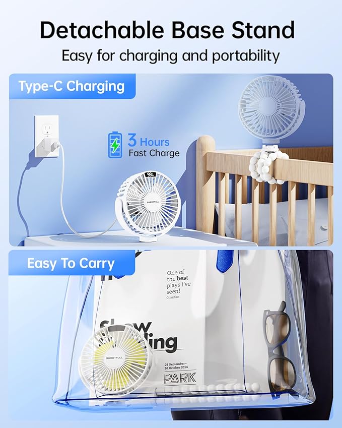 SWEETFULL Portable Stroller Fan with LED Display, 4 Speed Rechargeable Mini Clip On Fan, 360° Rotate Flexible Tripod Better Cooling Small Baby Fan for Car Seat Crib Travel Bike Treadmill (White)