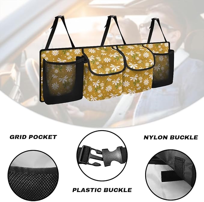 Yellow Daisy Prints Car Trunk Organizer Bag Car Back Seat Storage Bag with 4 Pockets Automotive Interior Accessories for SUV MPV Sedans Pickup Jeep Trucks