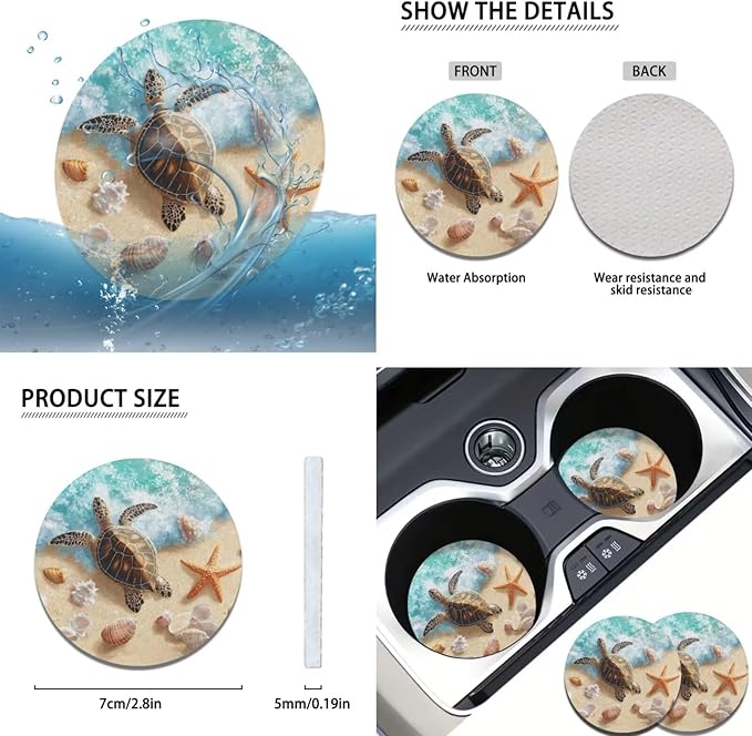 Sea Turtle Print Car Accessories for Men Women Cute Car Steering Wheel Cover Set 6 Pcs Handbrake Gear Cover Cup Coaster Suit for Most Cars Truck Vans SUV