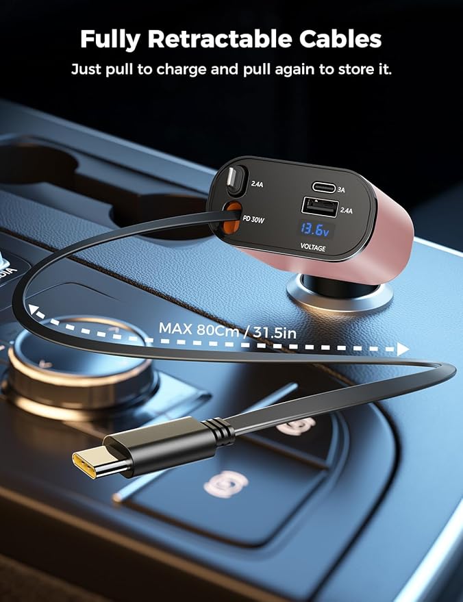 SUPERONE 【Upgraded】 Retractable Car Charger 4 in 1, Fast Car Phone Charger with Cord 2.6ft, USB C Car Charger Adapter, Compatible with iPhone 17/16/15/15 Pro Max/14/13/12/11, Galaxy, Pixel