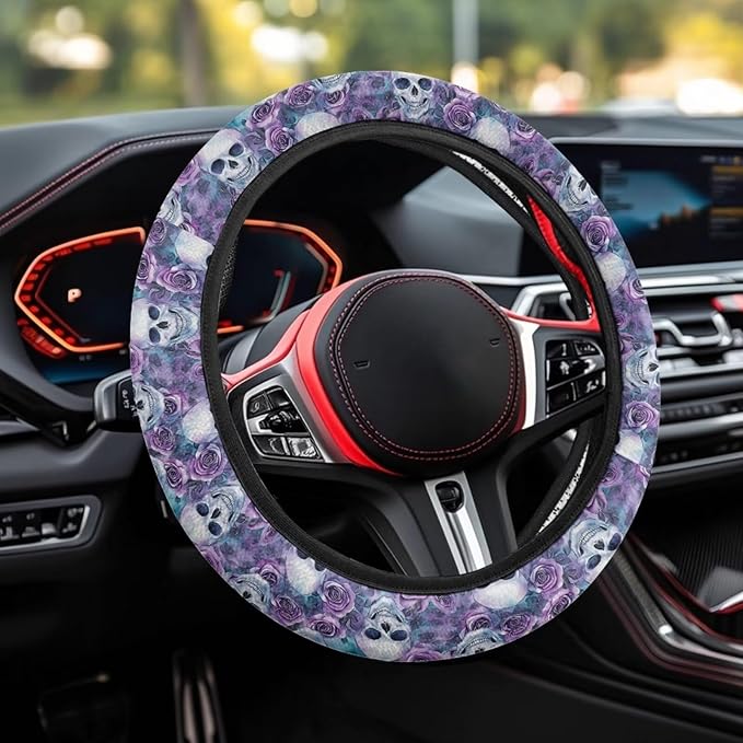 AFPANQZ Steering Wheel Protection for Automotive Steering Wheel Covers, Skull Purple Rose Sweat Absorption Comfort Grip for Driver Women Men