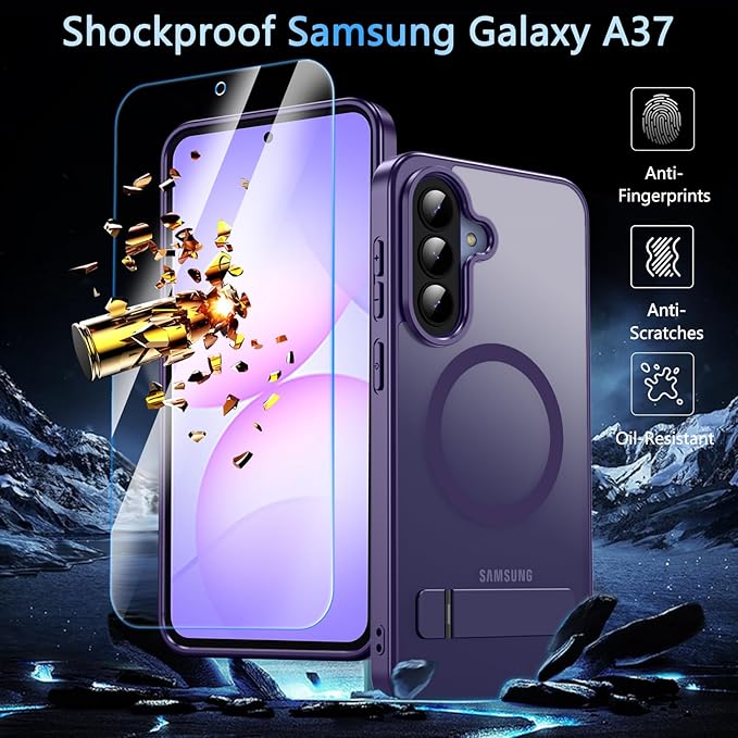 OWKEY for Samsung Galaxy A37 5G Case with Stand, Magnetic Shockproof Case Fit for Magsafe Translucent Matte Cover for Samsung A37, Purple