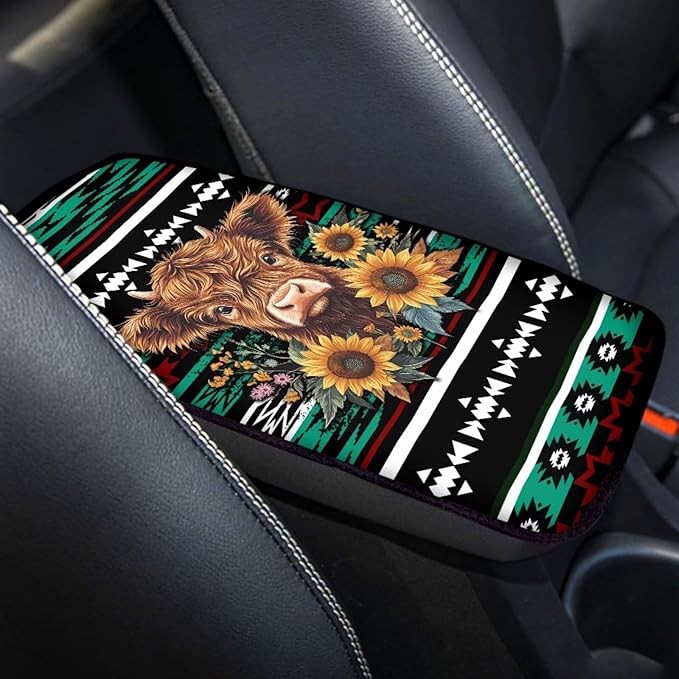 UNICEU Aztec Sunflower Highland Cow Print Car Center Console Armrest Cushion Cover Soft Auto Interior Decor Armrest Box Protector Covers Pad