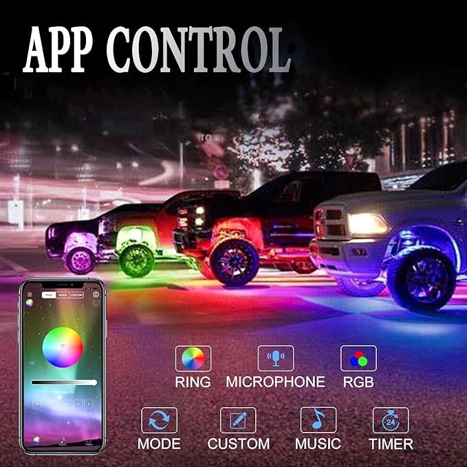 Car RGB LED Rock Lights Kit, 4 Pods High Bright Multilcolor Underglow Neon Lights with APP & Music Mode, IP68 Waterproof Rock Light for Trucks, Cars Decorative Accessories