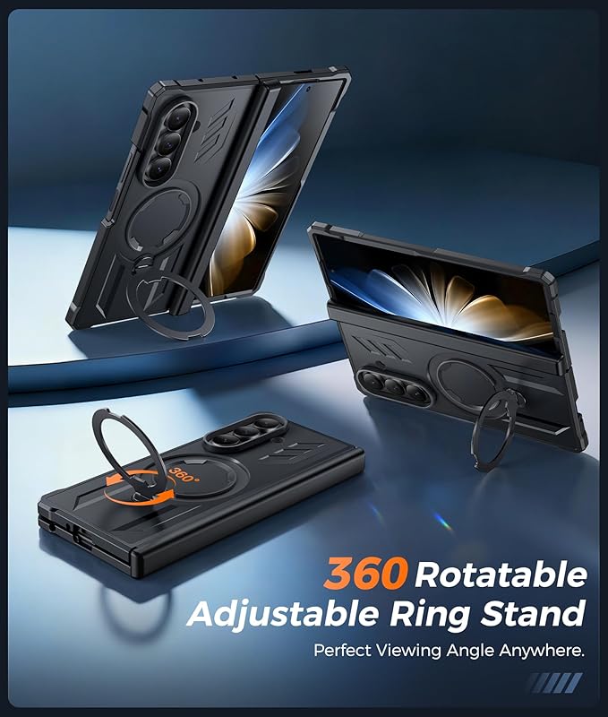 FNTCASE for Samsung Galaxy Z-Fold-7 Case: [360 Spin Magnetic Ring Kickstand] [Compatible for MagSafe] [Screen Protector] Heavy Duty Mil-Grade Protection Samsung Galaxy Z Fold7 Case with Stand Black