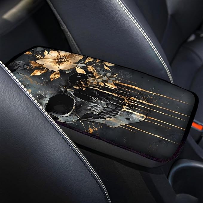 Dreaweet Skull and Flower Center Console Cover for Car Women Universal Rest Cover Pad Spooky Car Accessories Non Slip Anti Scratch Center Console Armrest Cover for SUV Sedan Truck Van