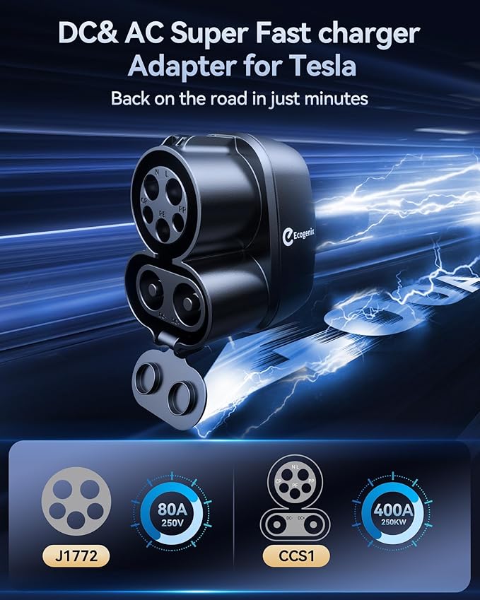 Ecogenix Upgraded 2In1 CCS & J1772 to Tesla Adapter, 250KW Fast CCS1 to Tesla Charging Adapter, ONLY Fit for Tesla Model Y, 3, S, X, Compatible with Level 1 2 3 Charging Stations with CCS1& J1772