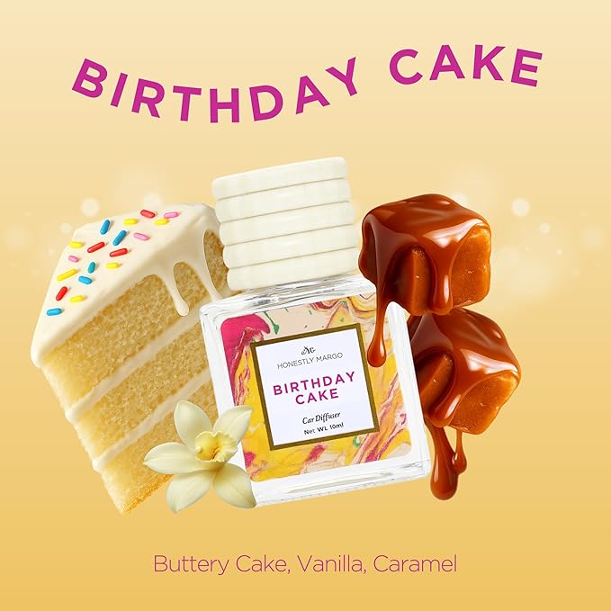 Honestly Margo Birthday Cake Car Diffuser Air Freshener (0.34 Fl Oz, Pack of 1) – Stylish Scent Diffuser with Perfume – Must-Have Essentials for Women, Car Fresheners Long Lasting for a Fresh Drive