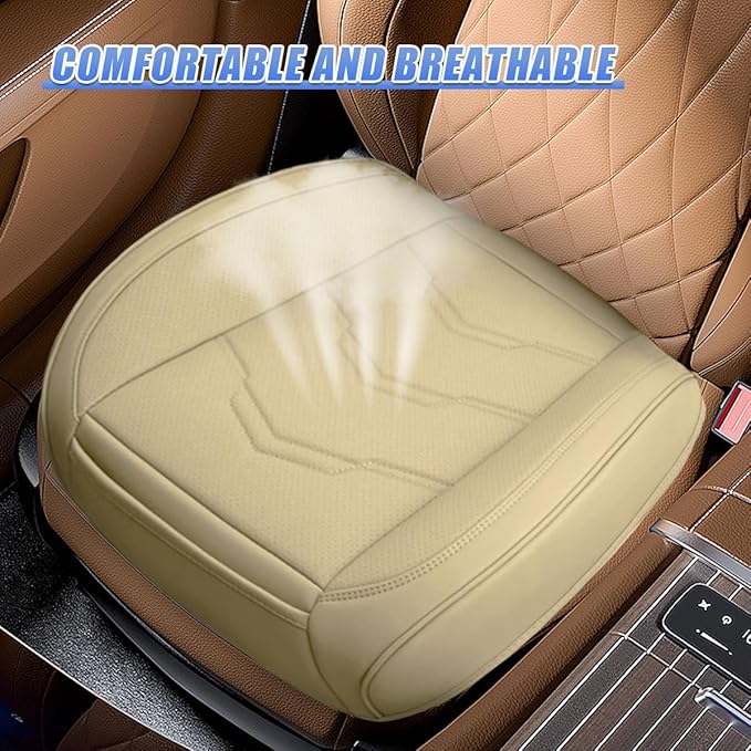 Luxury Faux Leather Car Seat Cover - Anti-Slip Waterproof Drive Seat Cushion Car Front Bottom Seat Cover with Storage Pocket - Universal Full Wrap Seats Protector for Cars SUV Trucks(Beige)