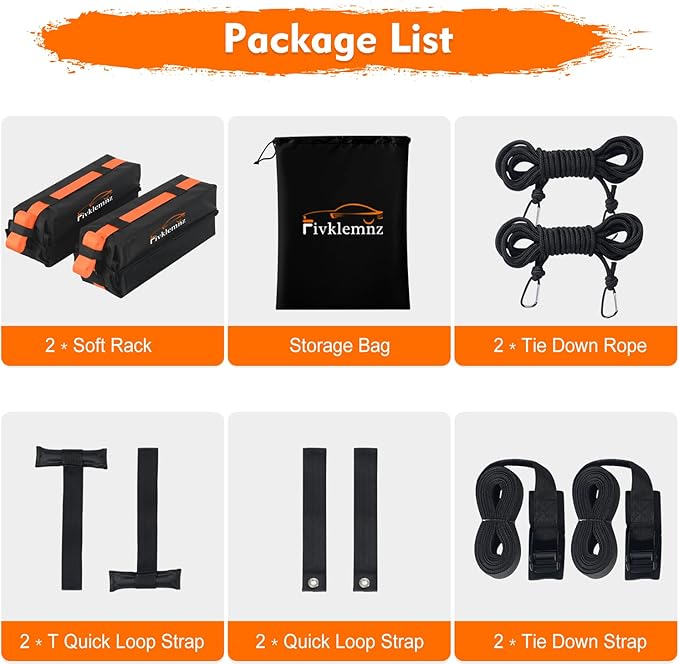 Soft Roof Rack Pads, Universal Car Rooftop Luggage Carrier Capacity Load 176lb, for Kayak, Surfboard, SUP, Canoe, with Tie Down Strap, PP Rope, Quick Loop Strap and Storage Bag