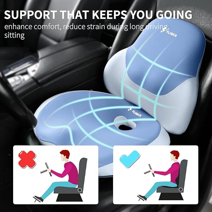 FLORICH Seat Cushion and Lumbar Support Pillow for Office Chair Car Neck Headrest Pillow 100% Memory Foam Seat Pads Pressure Relief Back Cushion and Carseat Pads(Blue)