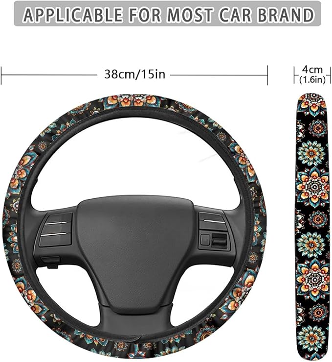AFPANQZ Bohemia Flower Steering Wheel Covers 14-15" inch Universal Fit Most Car Sedans SUVs Comfort Grip Comfortable Handmade Breathable Steering Wheel Protector