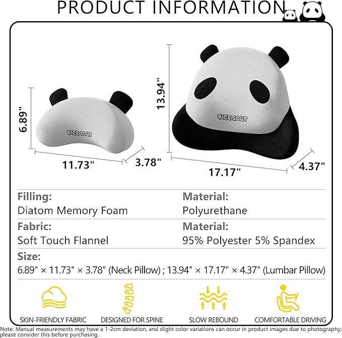 Cute Panda Car Neck Pillow & Lumbar Support Memory Foam Cushion for Driving Adjustable Headrest Waist Pillow for Most Seats (Black, Headrest 2Pcs)