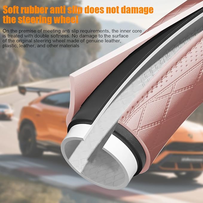 Car Steering Wheel Cover, 14.5-15" Breathable Soft Leather Vehicle Steering Wheel Protector with Anti-Slip Lining, Comfortable Auto Interior Decoration Accessories, Universal Fit (Pink)