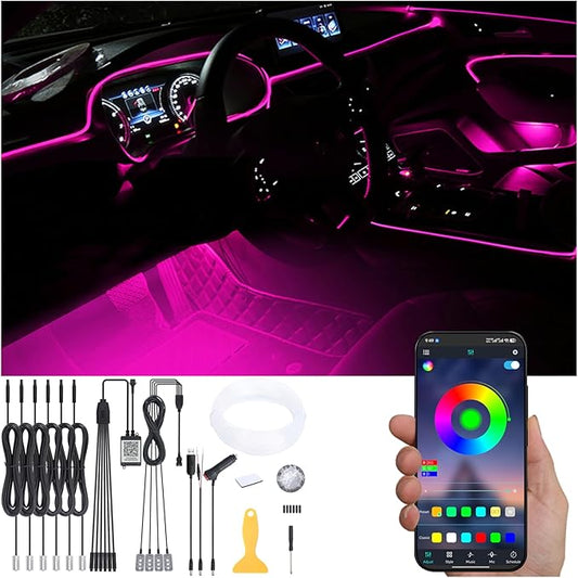 Car Interior Strip Lights, 6 in 1 Multicolor RGB Car Footwell Ambient Lighting Kit, 8m Fiber Optic EL Neon Tube Light, DIY Mode Music Sync APP Control DC 12V